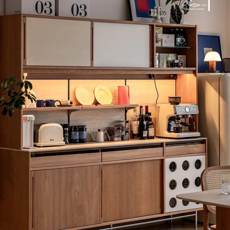 中古实木餐边北欧靠墙客厅岩板茶水复古一体收纳储物柜酒柜高柜