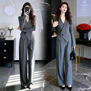 老钱风条纹时尚套装女2026春季设计感西服上衣气质通勤长裤两件套