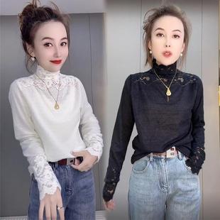 欧货气质时尚t恤女25秋冬洋气设计感半高领减龄显瘦镂空打底上衣