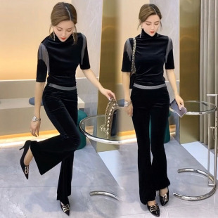 两件套 欧货丝绒时尚 套装 女2025秋季 减龄显瘦流苏半高领上衣喇叭裤
