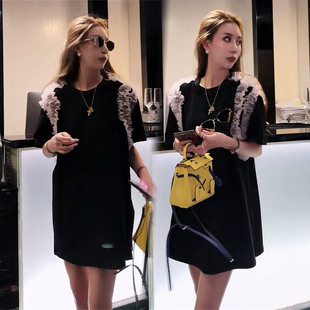 欧货休闲蕾丝拼接连衣裙女2026夏季短袖中长款设计感显瘦减龄穿搭