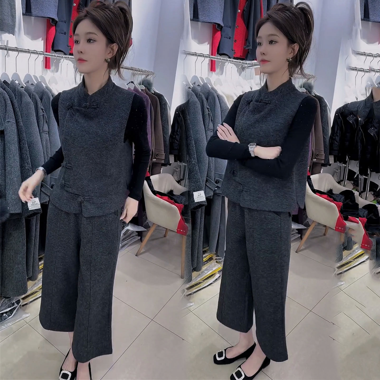 新中式时尚套装女2026春季设计感洋气盘扣马甲t恤阔腿裤三件套冬,女装/女士精品,时尚套装,淘宝优惠券,粉丝福利购,淘宝优惠卷