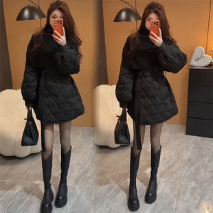 赫本风针织披肩收腰棉服女2026冬季中长款减龄菱格纹开衫棉衣外套