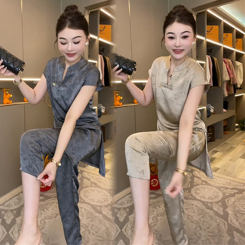 新中式时尚套装女夏季洋气暗花短袖复古盘扣侧开叉t恤裤子两件套,女装/女士精品,时尚套装,淘宝优惠券,粉丝福利购,淘宝优惠卷