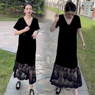 2025夏季新款高级感收腰显瘦黑色蕾丝拼接丝绒连衣裙女中长款气质