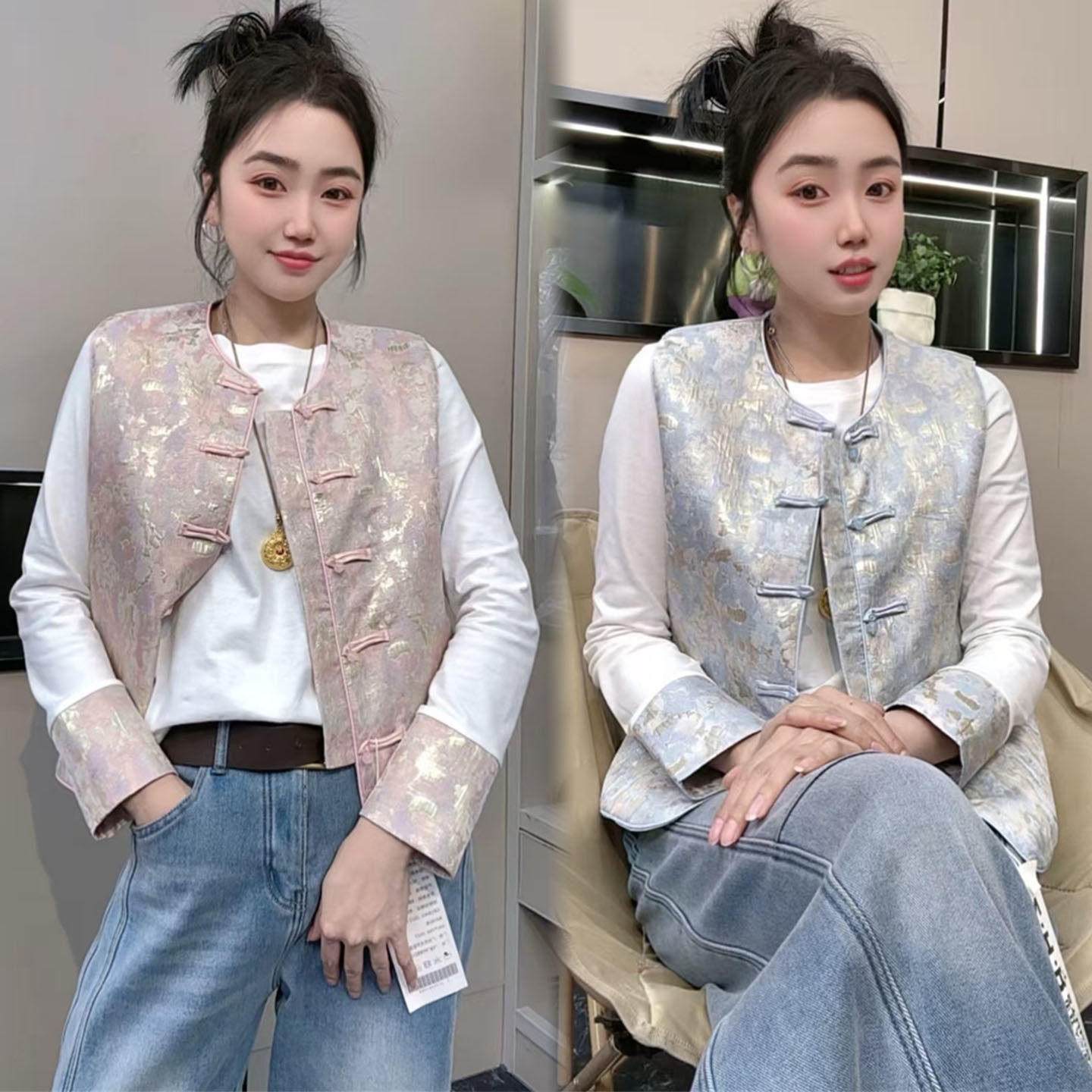 新中式时尚套装女2026春季提花盘扣刺绣马甲+t恤气质显瘦两件套冬,女装/女士精品,时尚套装,淘宝优惠券,粉丝福利购,淘宝优惠卷