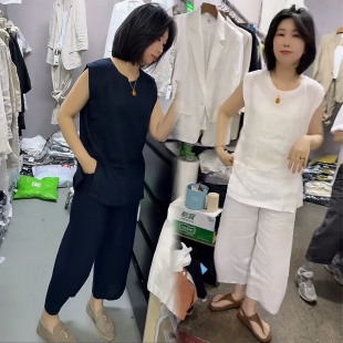 休闲风时尚套装女2026夏韩版无袖侧开叉上衣阔腿裤宽松显瘦两件套