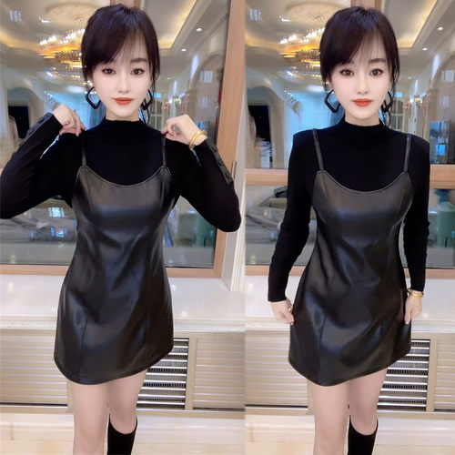 秋季丝绒拼接PU皮假两件连衣裙潮
