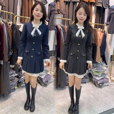 假两件拼接修身型2025冬季连衣裙