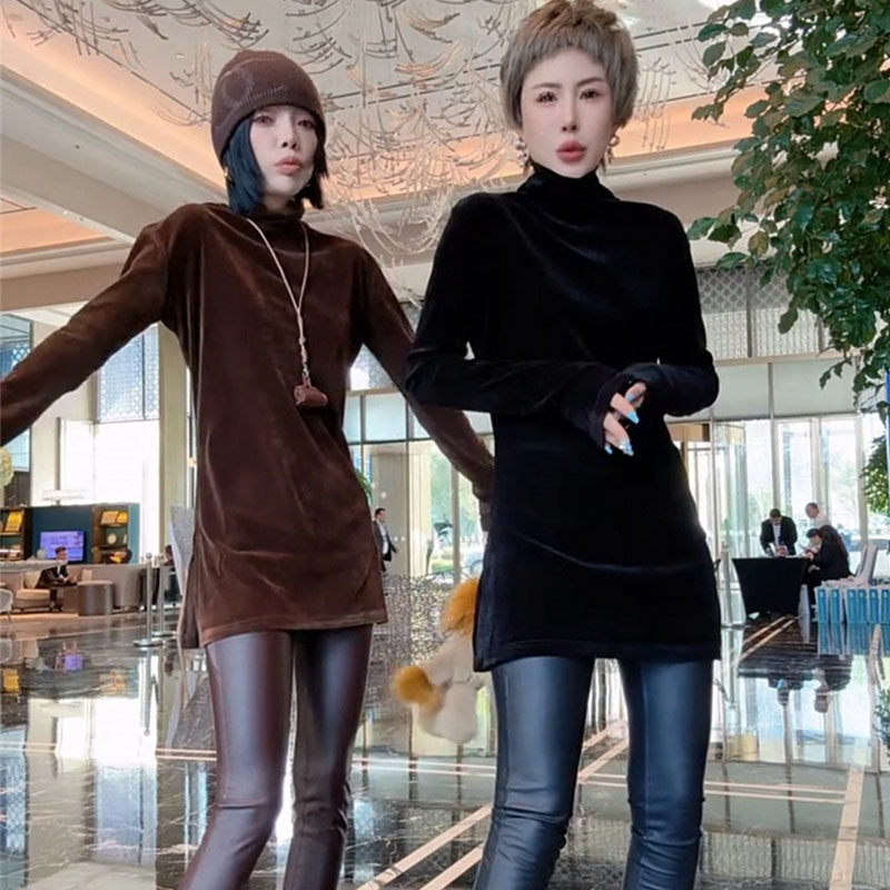 半高领时尚丝绒打底衫女中长t恤