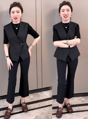 春季女V领显瘦七分袖西装三件套