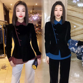 时尚 上衣潮 修身 洋气衬衫 女2025春秋娃娃领拼接丝绒设计感气质长袖