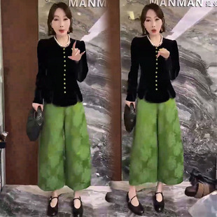新中式时尚套装女2025秋季设计感丝绒开叉南瓜上衣阔腿裤两件套潮