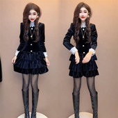 千金风黑色丝绒连衣裙女2025冬季 收腰显瘦荷叶边高级感蛋糕裙短裙