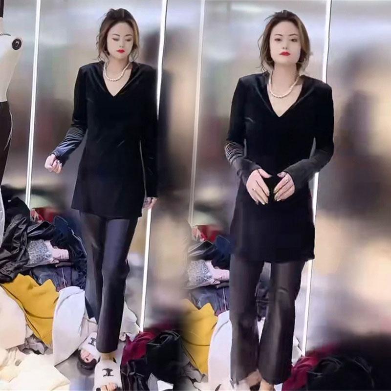 V领长袖T恤赫本风打底开叉高级感