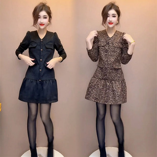 欧货高级感豹纹连衣裙女2025冬季 洋气减龄显瘦设计感荷叶边中长裙