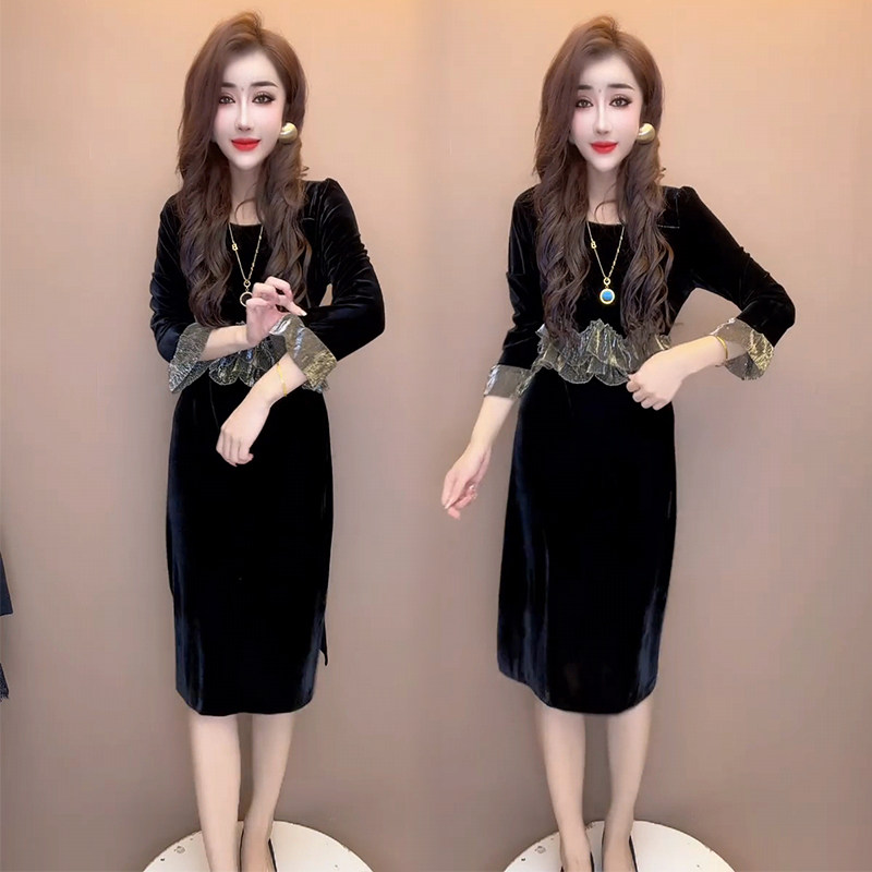 欧货轻奢金丝绒连衣裙女25秋季洋气荷叶边设计感喇叭袖侧开叉裙子,女装/女士精品,连衣裙,淘宝优惠券,粉丝福利购,淘宝优惠卷