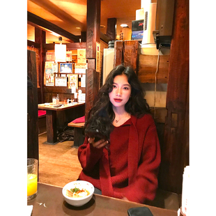DaqianwithU 新年穿搭复古红色飘带前后两穿套头针织衫毛织上衣