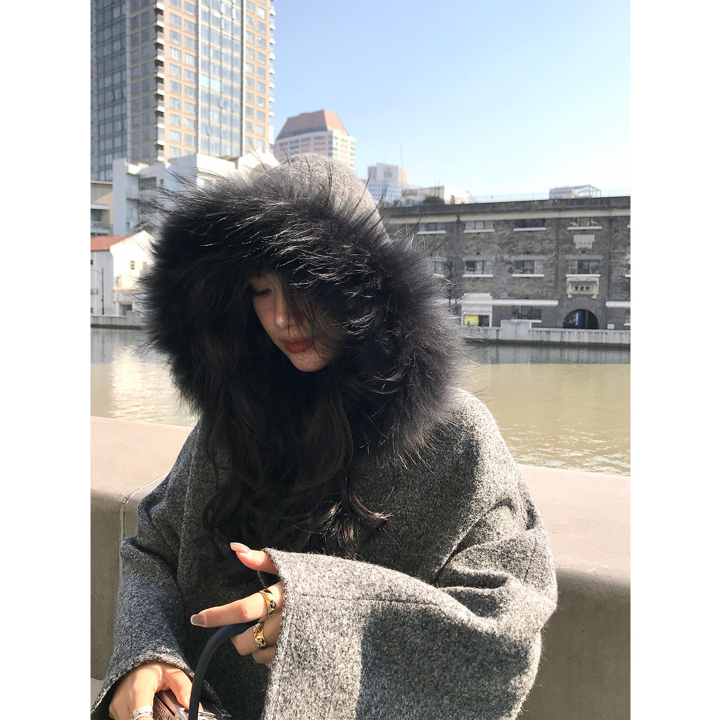 DaqianwithU 貉子毛领蝙蝠袖加绒羊毛套头连帽粗花呢绒里外套,女装/女士精品,毛呢外套,淘宝优惠券,粉丝福利购,淘宝优惠卷