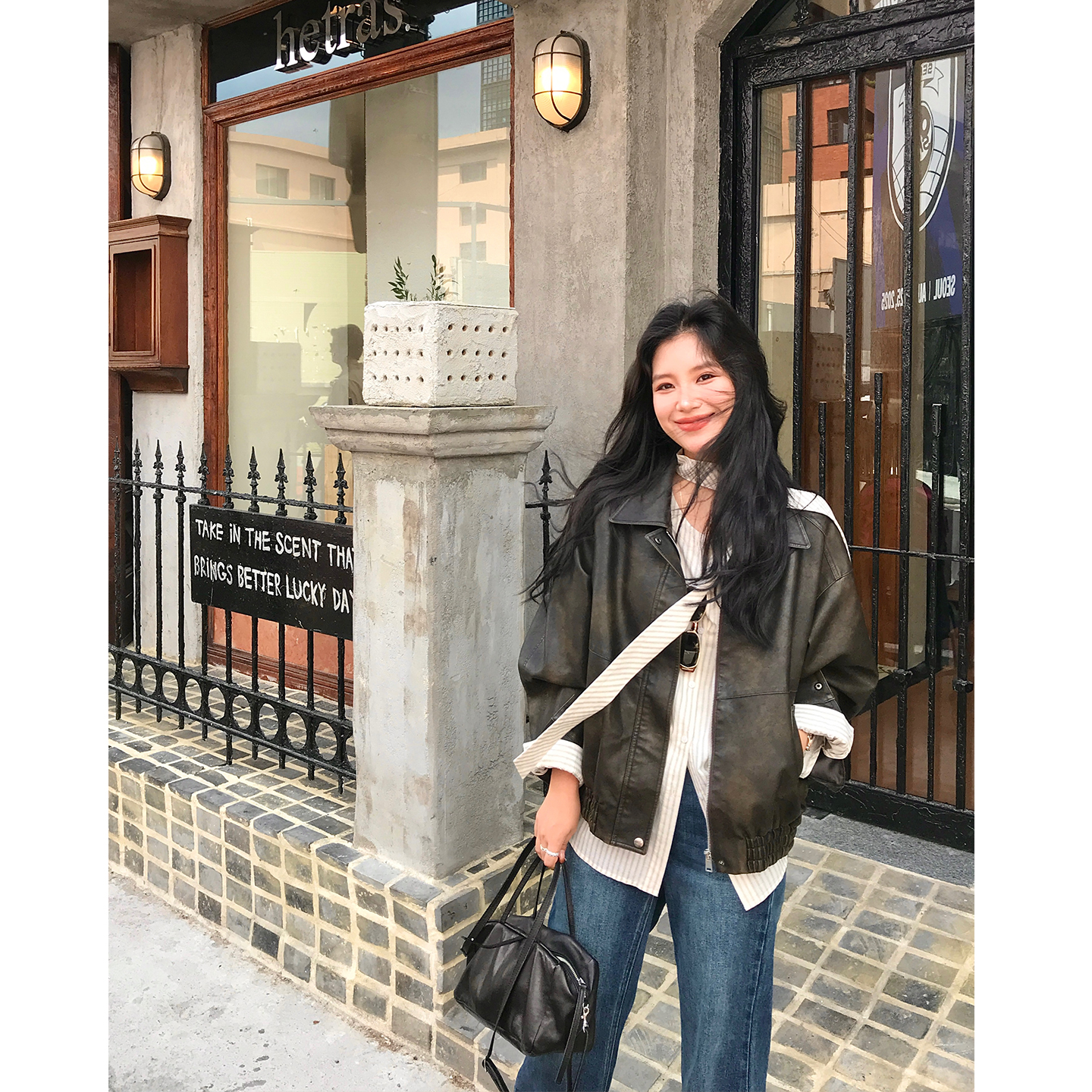 DaqianwithU 中古水洗擦色皮衣女秋季百搭宽松显瘦夹克上衣外套