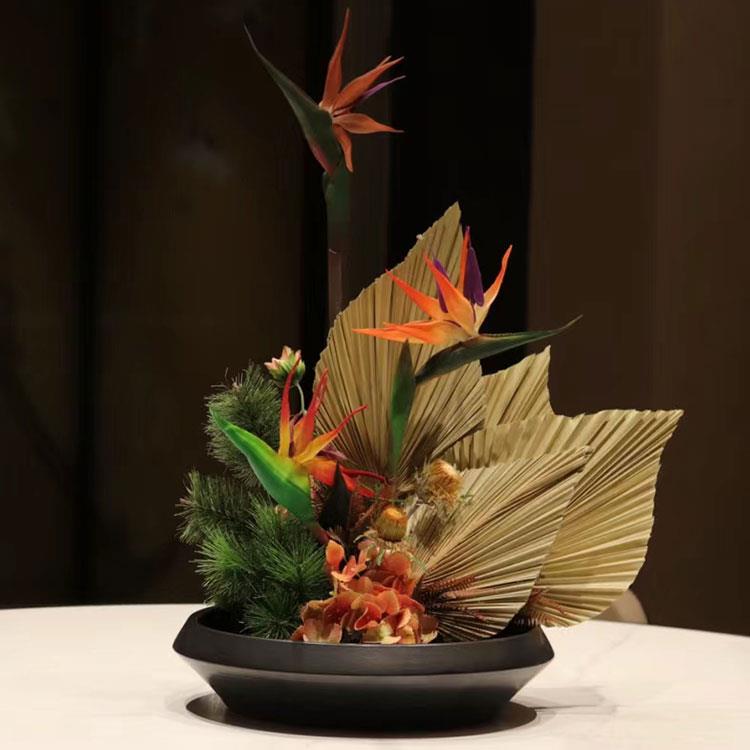 酒店餐桌圆形花艺永生苔藓青苔仿真蝴蝶兰扇叶绿植微景观玄关摆件