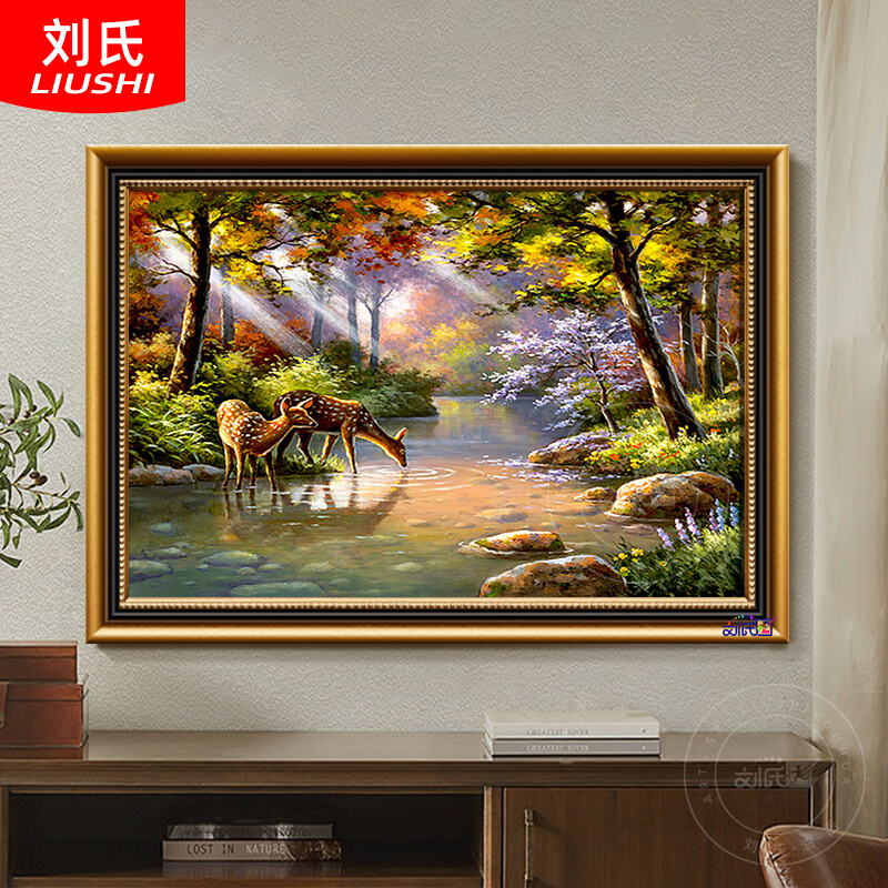 林中小鹿手绘油画欧式景美式入户玄关装饰画别墅客厅壁挂画图片