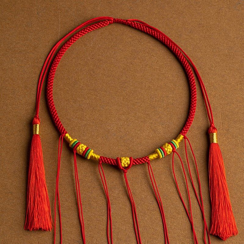 婴儿童长命锁黄金全手工编织宝宝项圈多挂吊坠挂绳银锁红百岁绳子