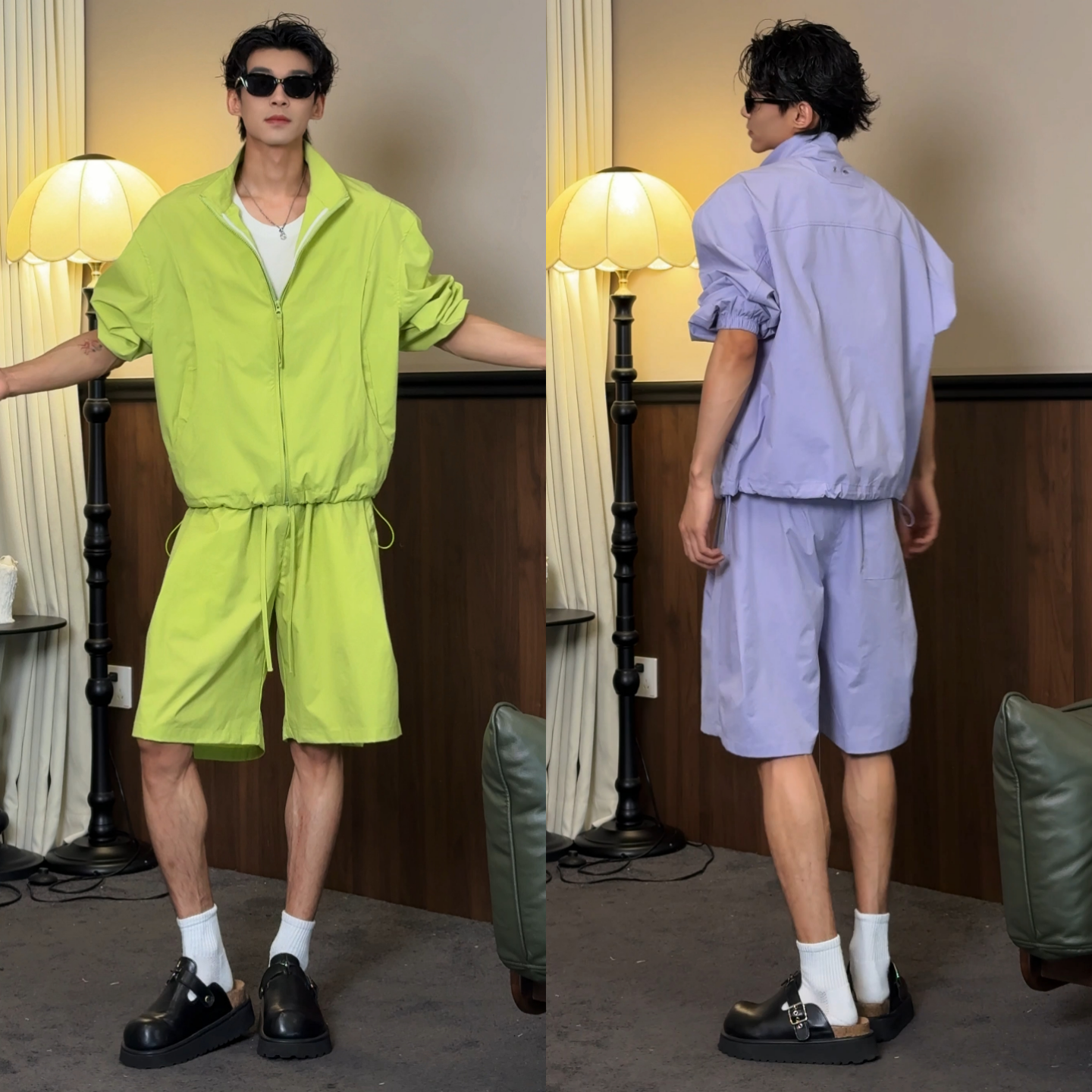 夏季帅气多巴胺色系简约风男士外套短裤时尚百搭潮流运动休闲套装