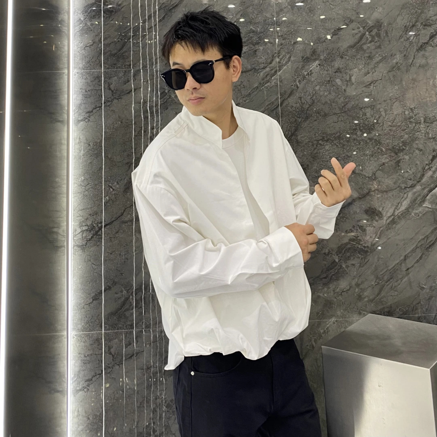 秋季男士复古立领深V领假两件设计感套头衬衣休闲长袖痞帅衬衫潮