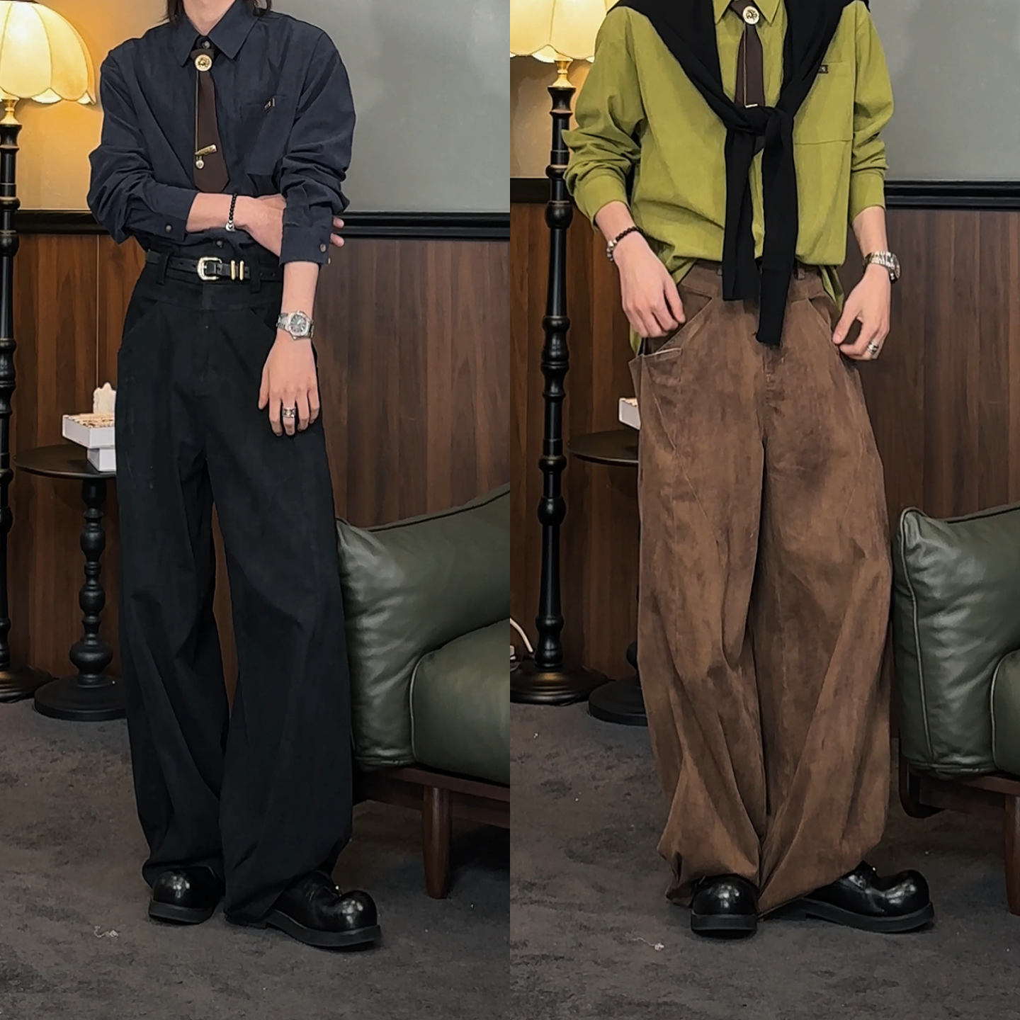 秋季新款复古阔腿裤男美式小众设计师结构休闲裤垂感潮流工装筒裤