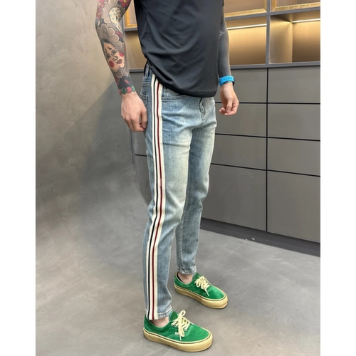 夏季立体剪裁条纹拼接牛仔裤男