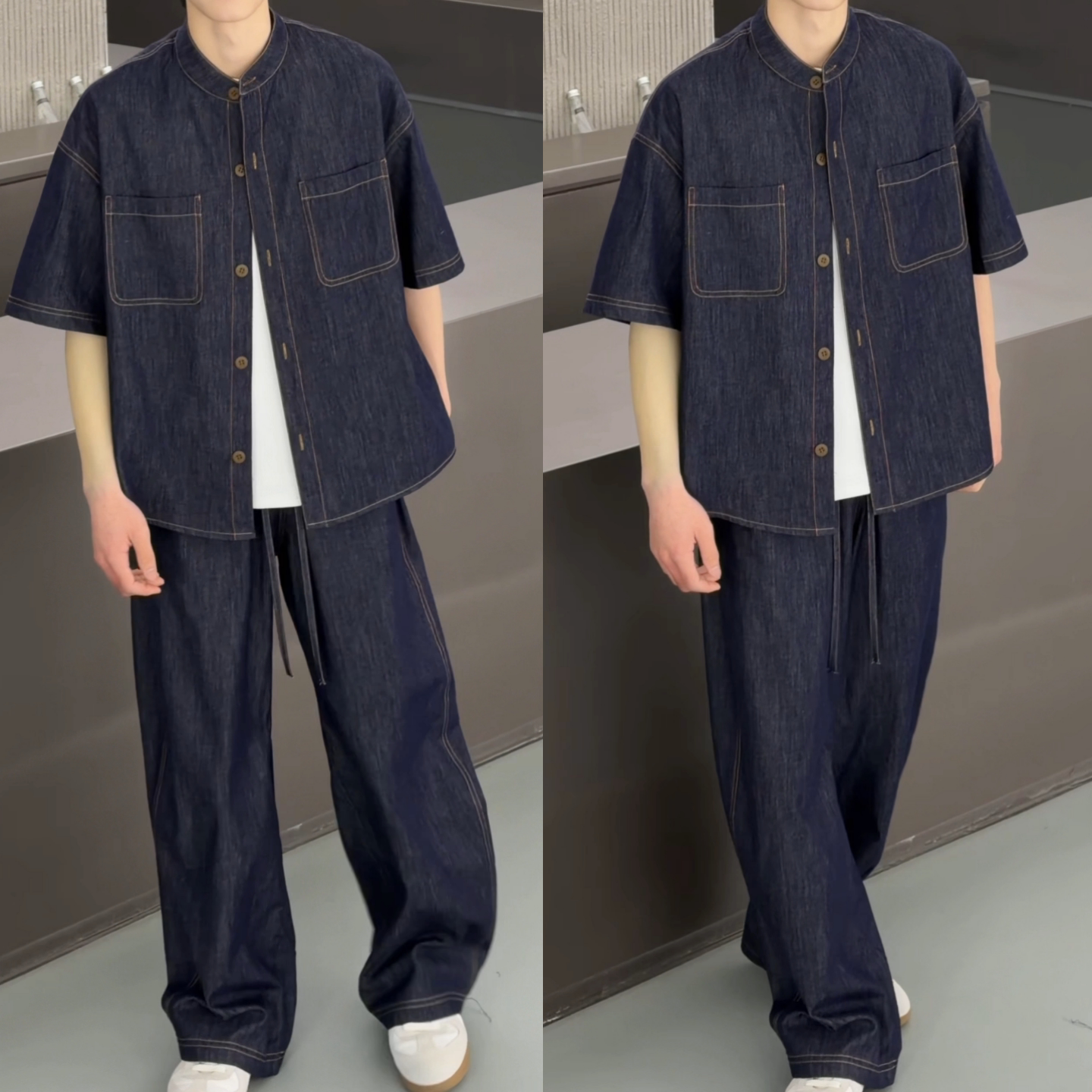 春季极简风立领衬衫休闲长裤套装