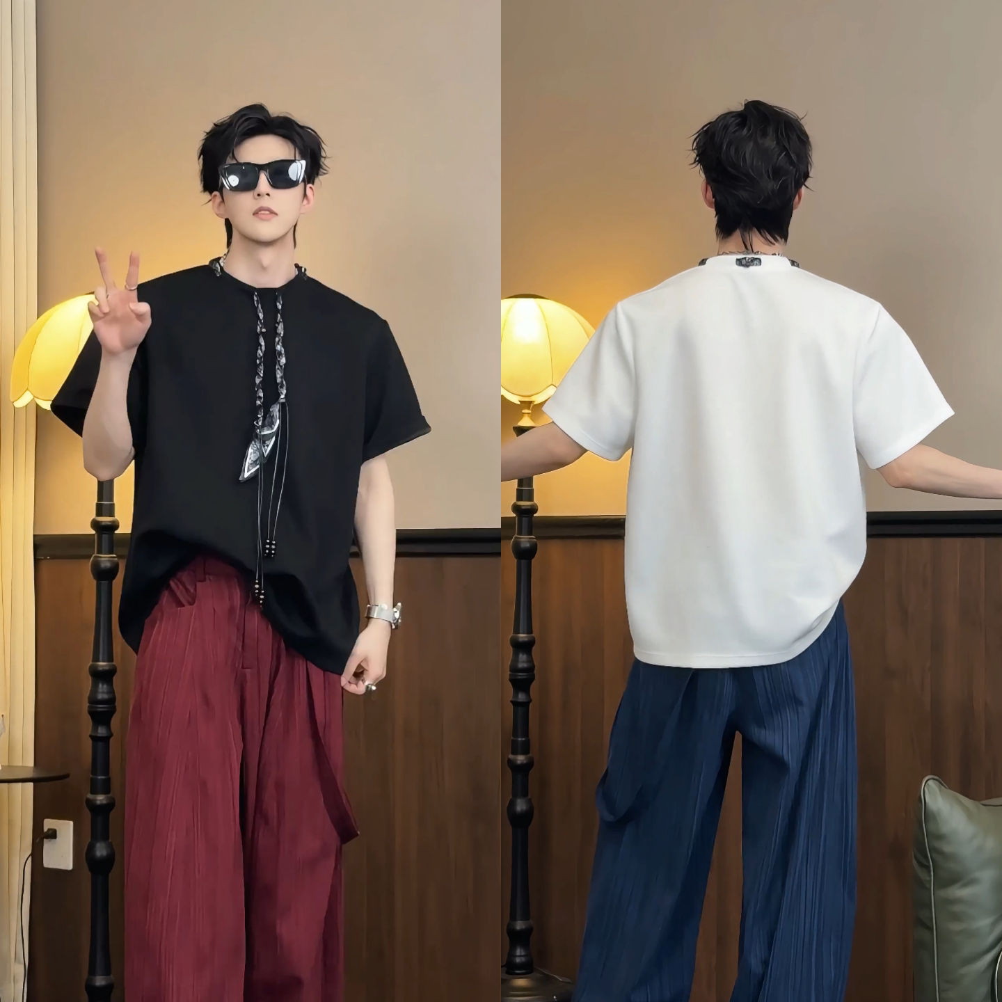 夏季新款美式时尚复古设计感丝巾装饰百搭圆领短袖T恤男士时尚潮