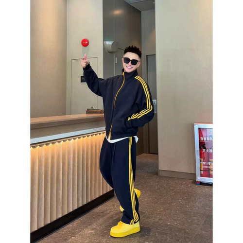 秋季美式撞色三条杠运动卫衣套装