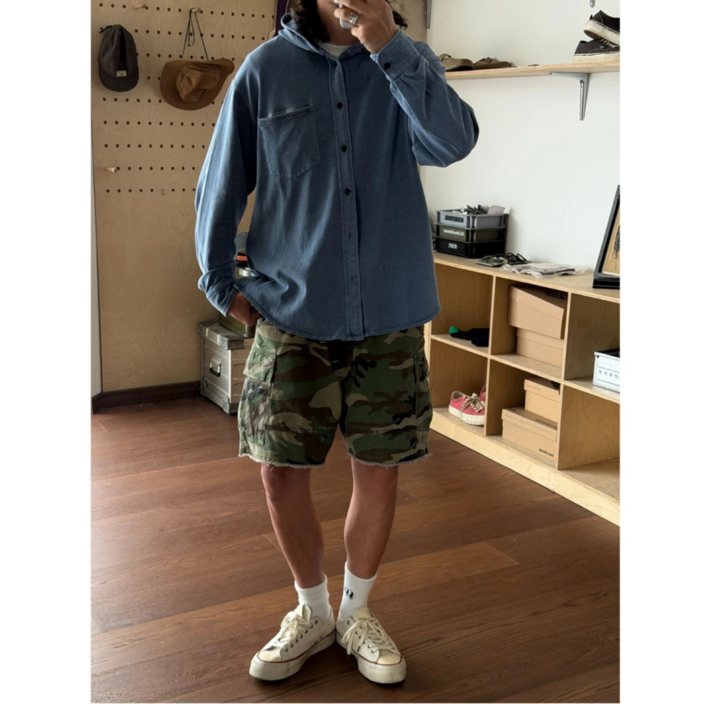 设计感日系工装风连帽衬衫男秋季百搭长袖时尚简约潮流松弛感外套