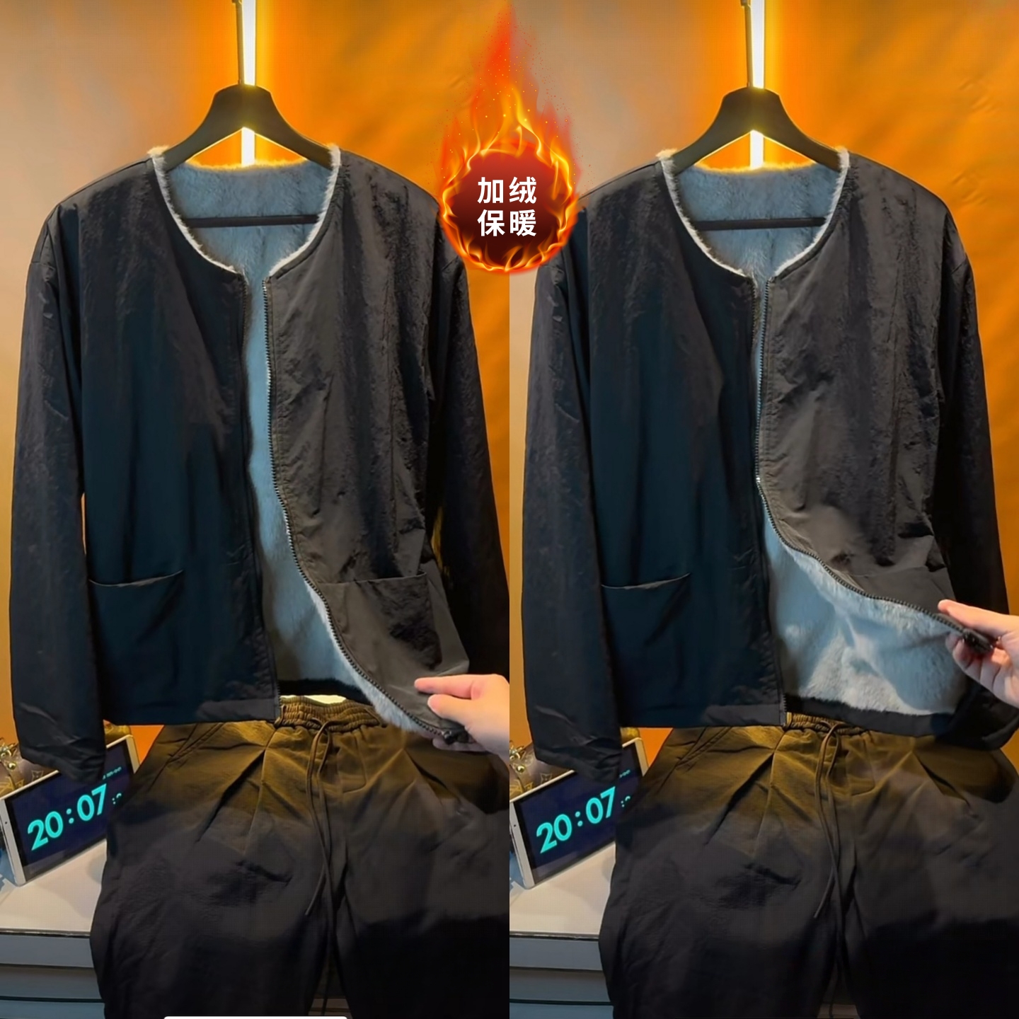 直播间同款冬季大口袋简约圆领加绒夹克男士潮流时尚舒适保暖外套