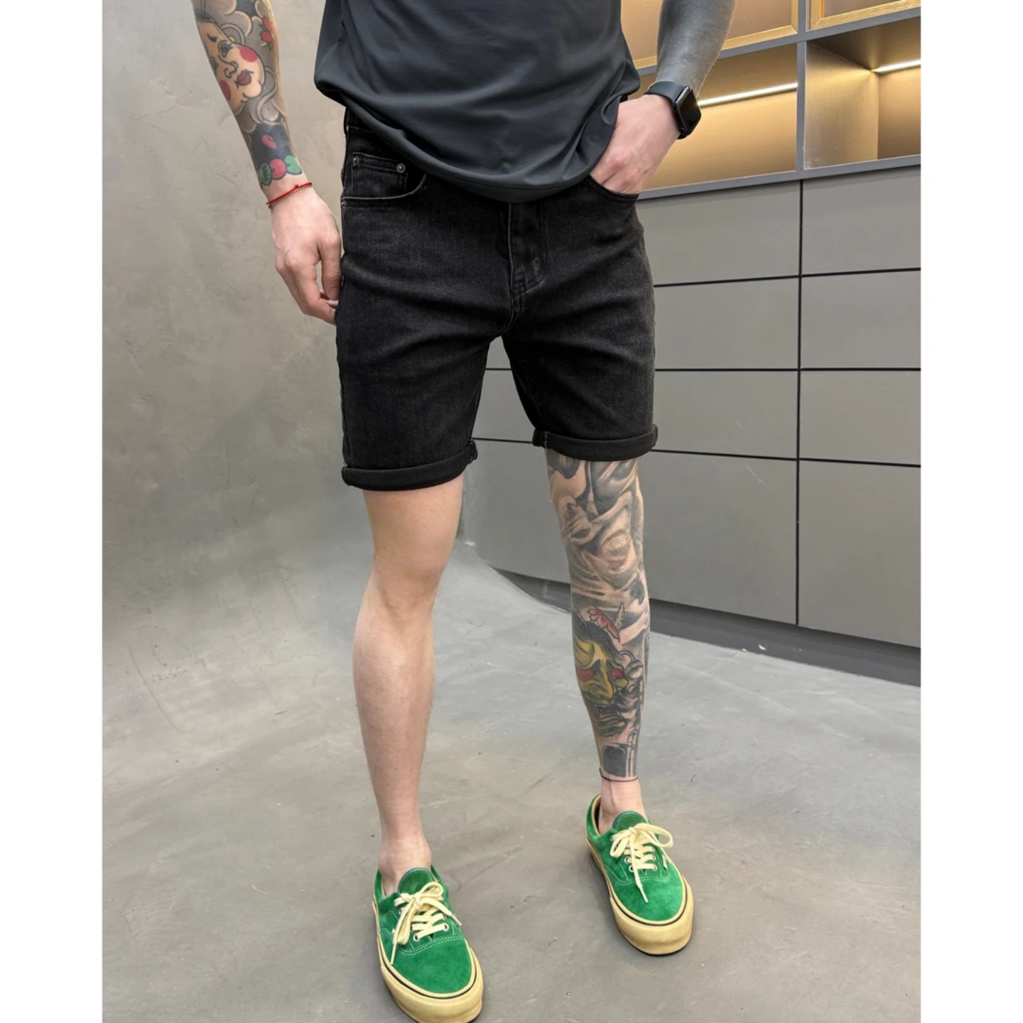 春季新款高级感时尚休闲百搭净版椰子树刺绣修身牛仔五分短裤男士