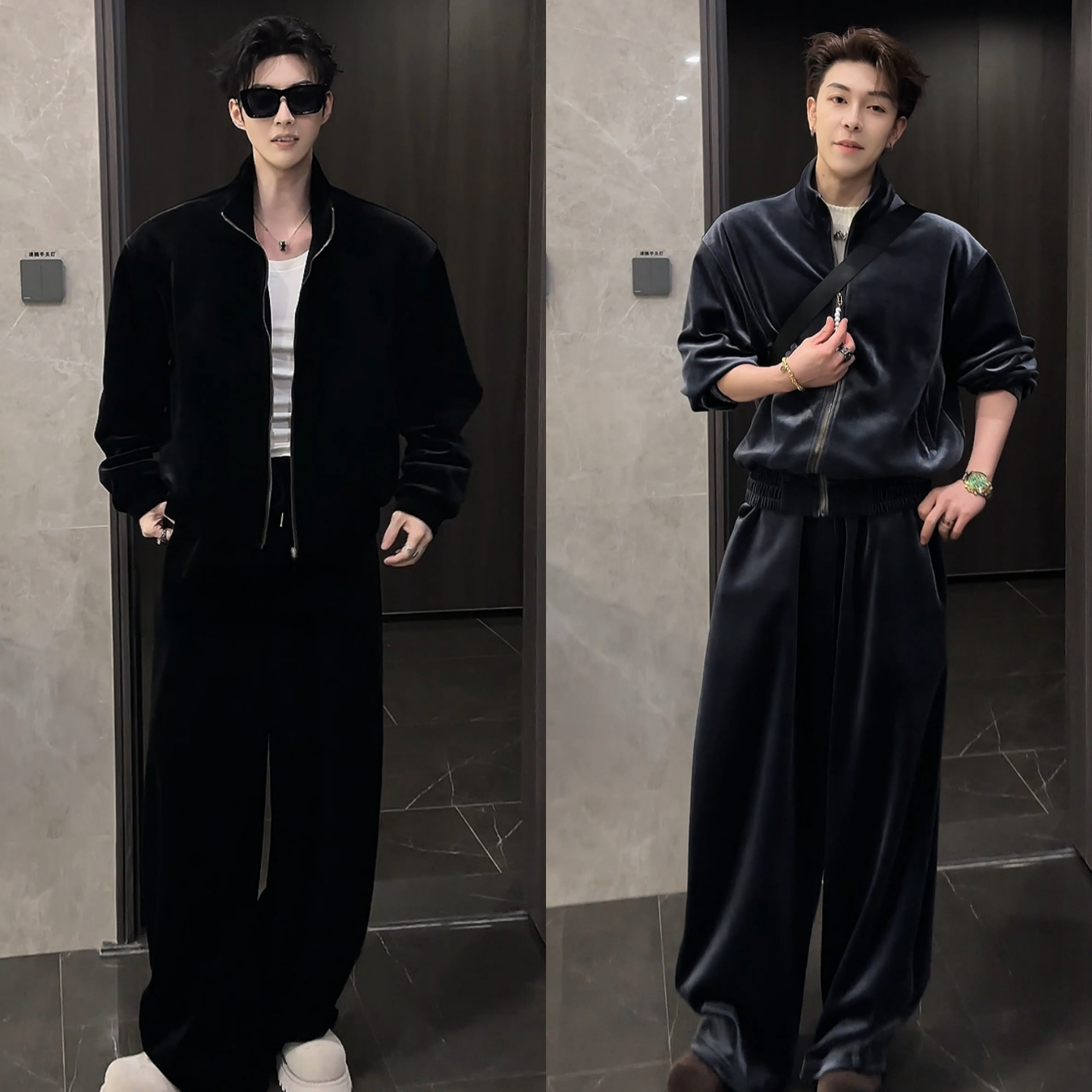 冬季男士复古高级感丝绒立领套装