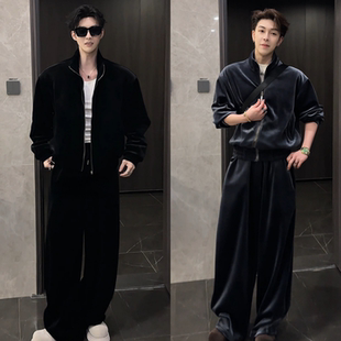 轻奢简约外套长裤 直播间同款 复古高级感丝绒立领夹克套装 男士 冬季