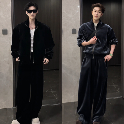 冬季男士复古高级感丝绒立领套装