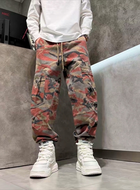 高品质男士束脚休闲裤百搭拼接宽松水洗日系潮流复古迷彩工装裤潮