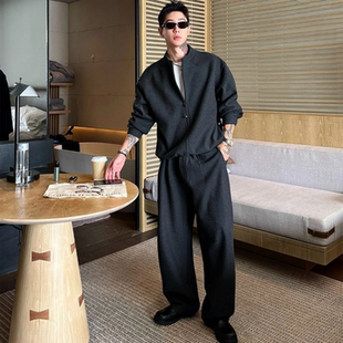 春季慵懒风假两件半拉链卫衣直筒休闲裤两件套男士时尚简约套装潮
