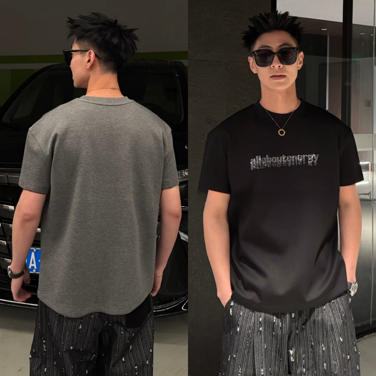 春季潮流烫钻休闲风字母短袖T恤男士潮牌简约百搭痞帅半袖上衣潮