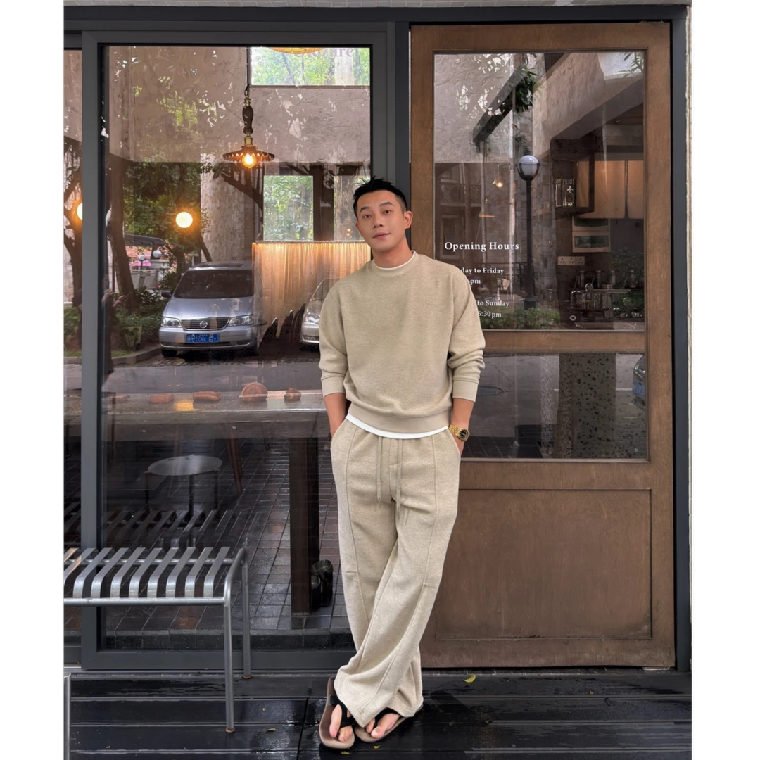 假两件设计直筒裤慵懒风套装男士