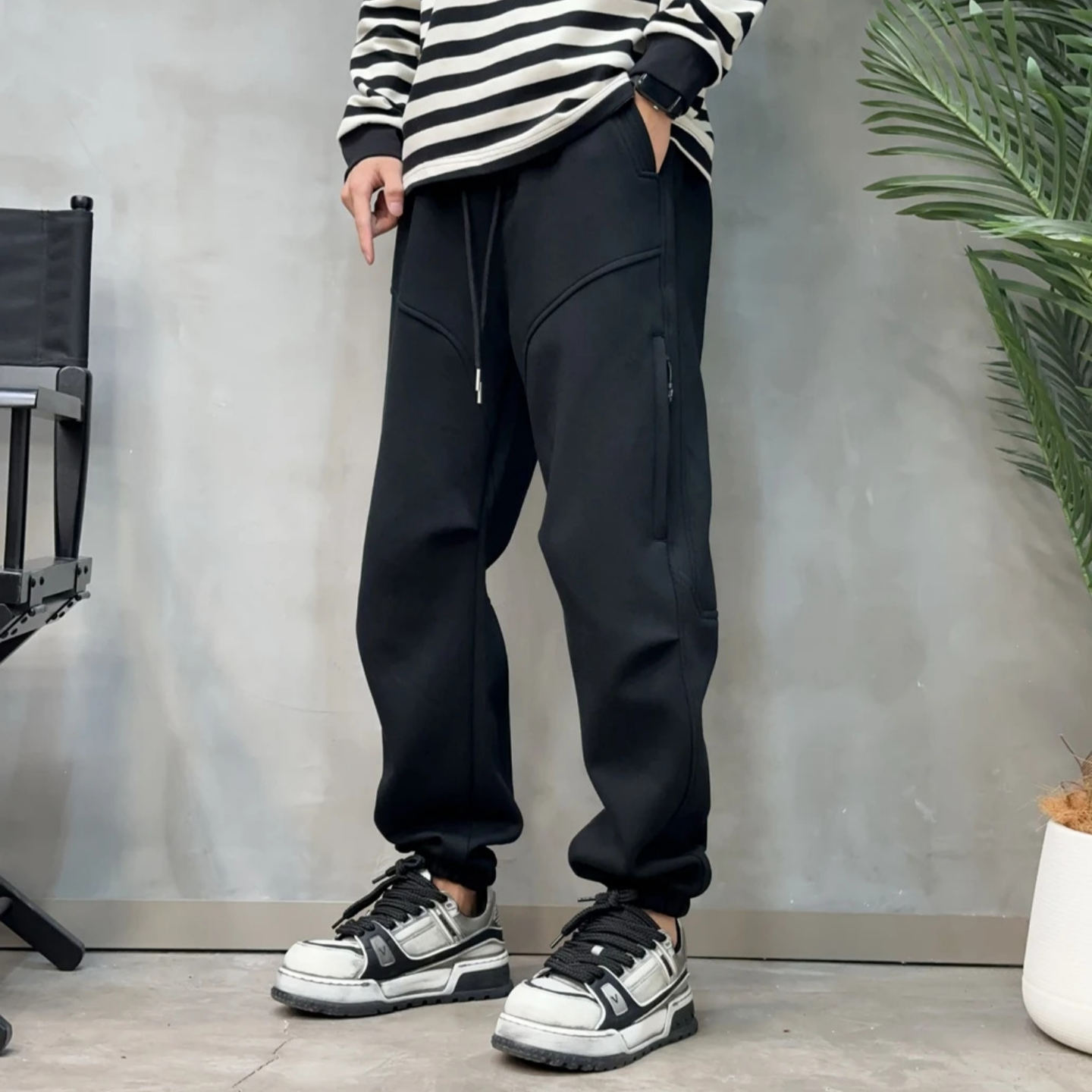 秋季潮牌加厚加绒休闲运动卫裤男士微宽松拉链运动长裤百搭束脚裤