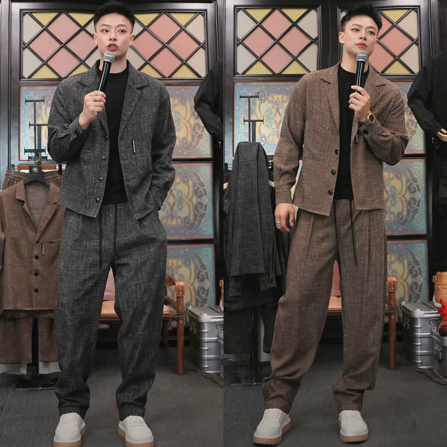 春季新款老钱风男士格雷系套装高级感西装外套休闲直筒裤两件套潮