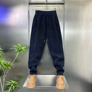 冬季潮流捏褶提花休闲裤男士高级感小直筒裤复古立体剪裁长裤子潮