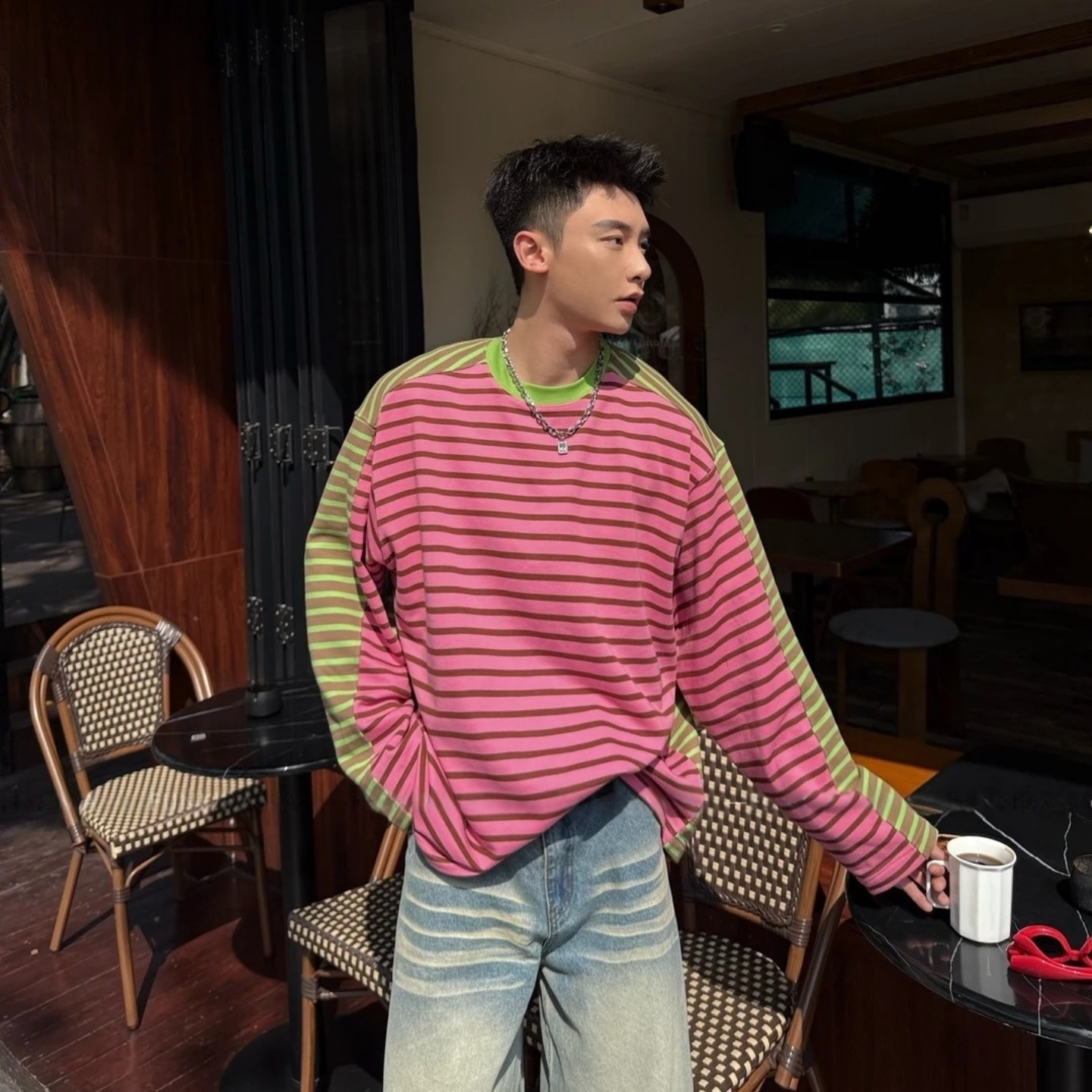 春季男士潮流百搭美式休闲拼接长袖上衣时尚帅气撞色条纹圆领卫衣