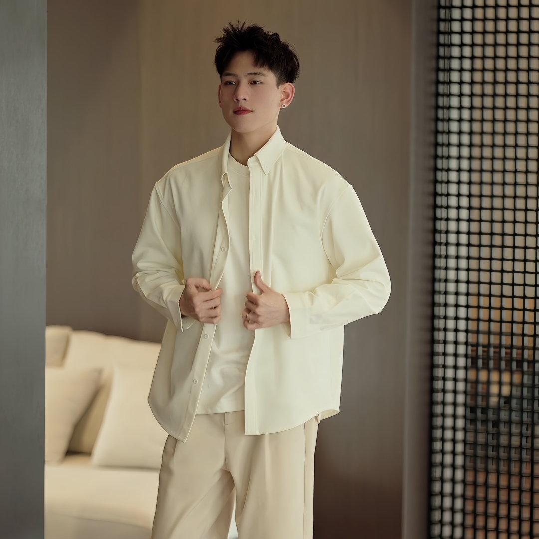 秋季新款衬衫男高品质纯色质感男士翻领衬衫外套韩版时尚潮流长袖