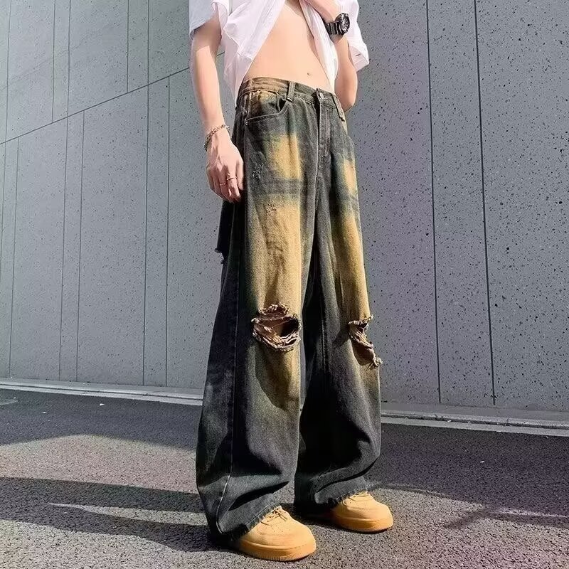 秋冬季大码250斤美式高街水洗做旧破洞牛仔裤男士宽松垂感阔腿裤
